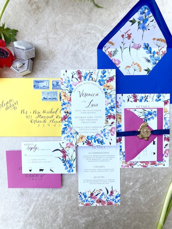 colorful wedding invitations prepared by Bare Lettered Calligraphy