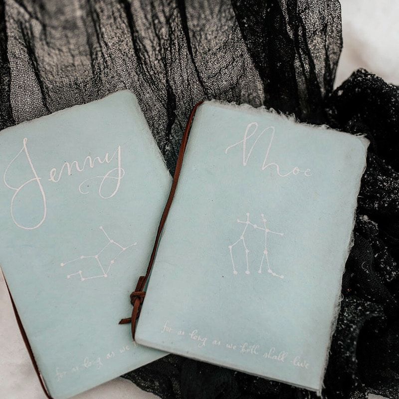 wedding invitations made to look like rustic books prepared by Bare Lettered Designs