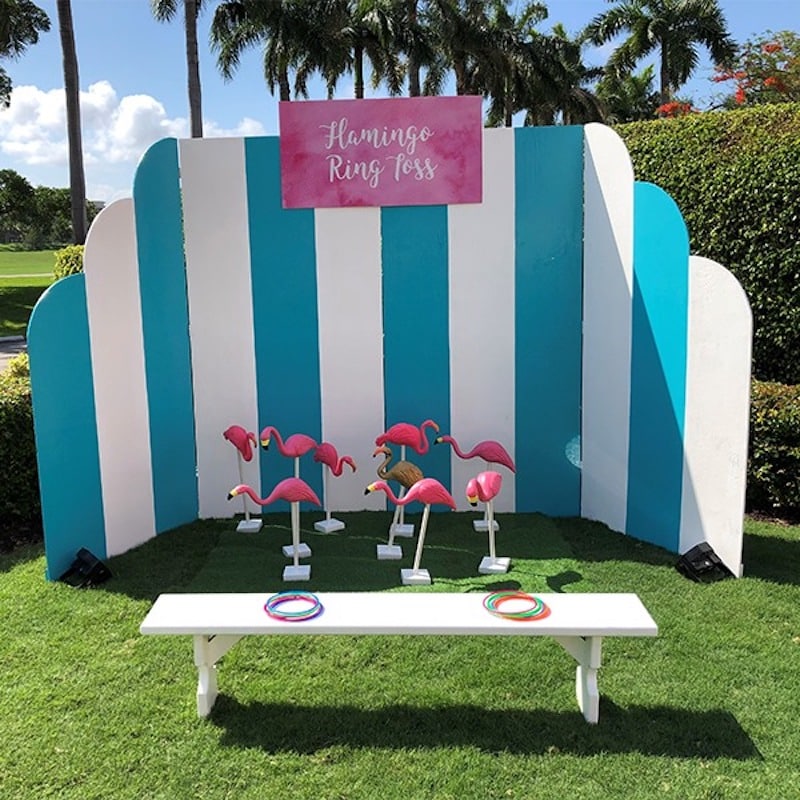 area set up outside for flamingo ring toss