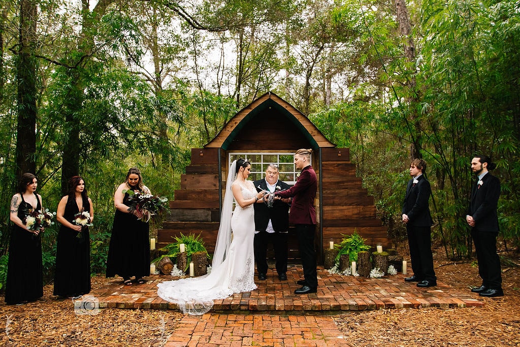 bride and groom stand at wedding ceremony in front of officiant with cords around arms in traditional ceremony and three bridesmaids to the left and two groomsmen on the right outside surrounded by trees