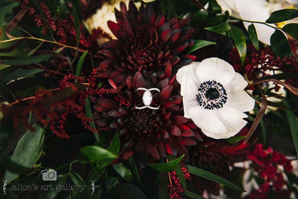wedding ring and engagement ring laying together in dark red flowers in bouquet next to white poppy flower