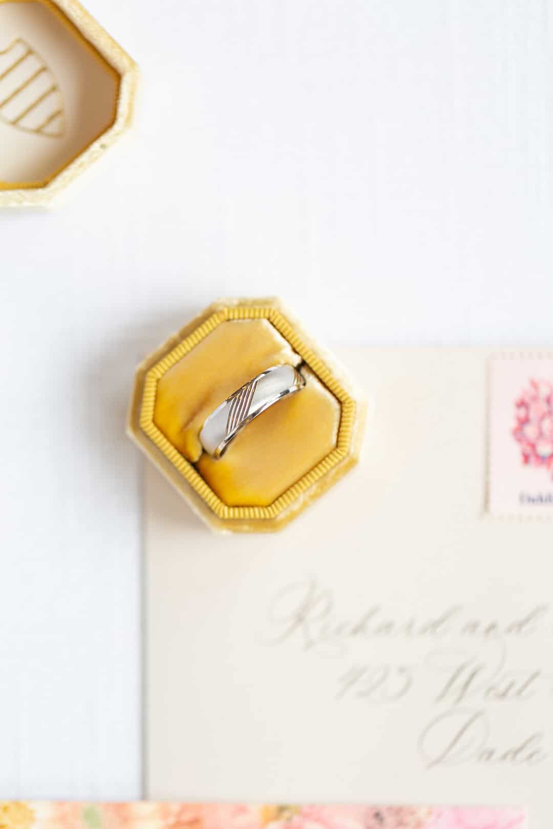 yellow wedding ring box for the summer bright wedding inspiration styled shoot