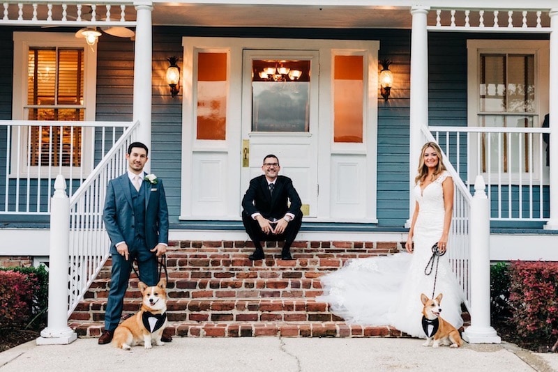 Sam from Weddings By Sam sitting on brick stairs with bride and groom and their two dogs