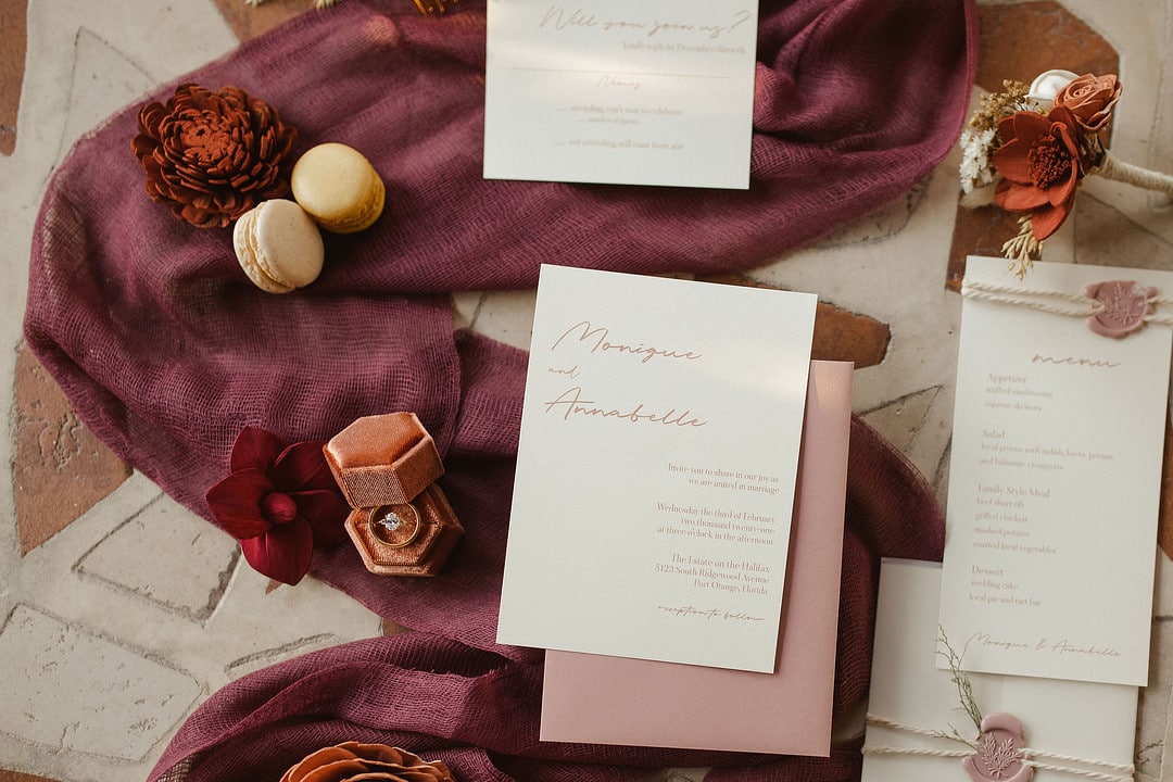 the invitation, rsvp card, and details card for the central florida boho wedding inspiration shoot