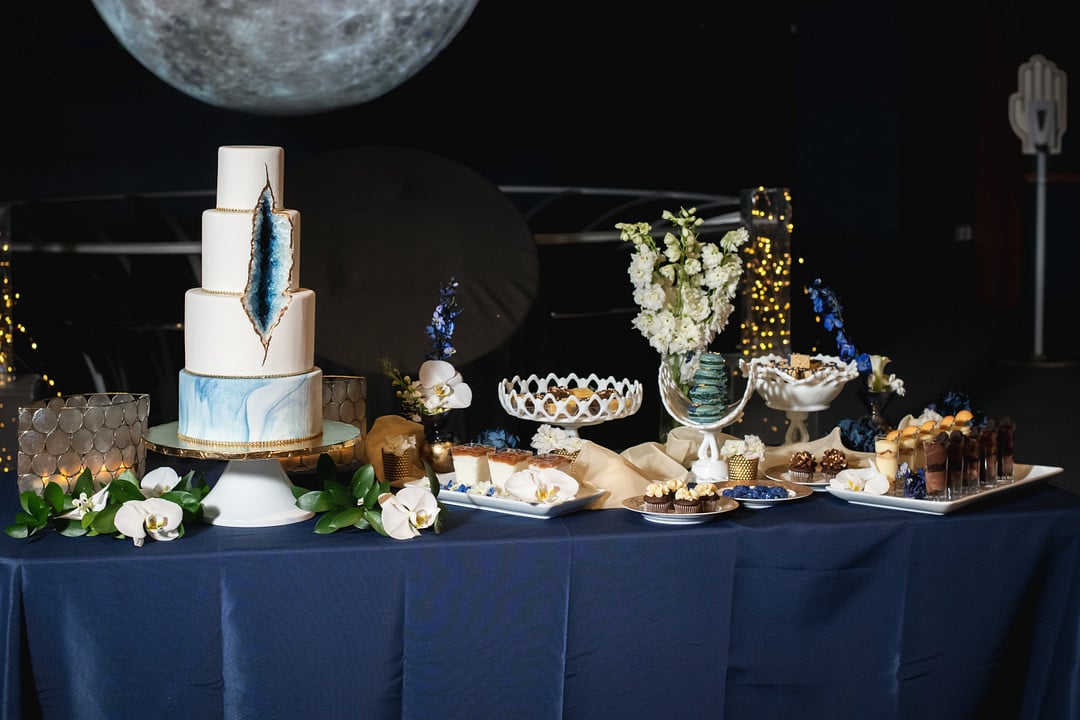 the dessert table for the chic geode wedding inspiration styled shoot