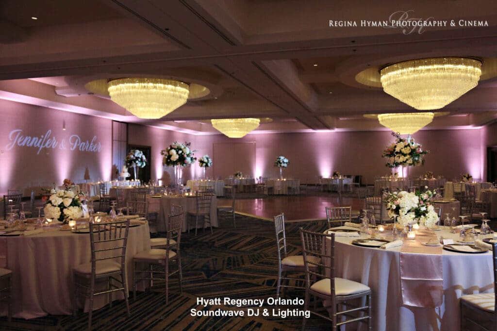 Hyatt Regency Orlando set up for wedding reception by Soundwave DJ and lighting