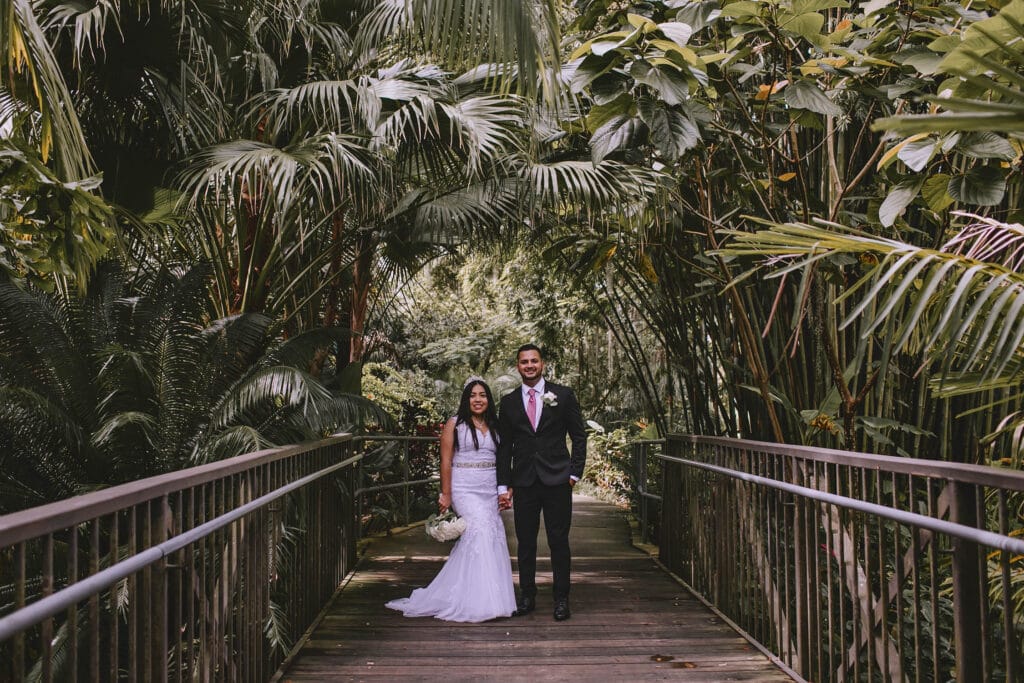 Bride and Groom on wooden path through jungle