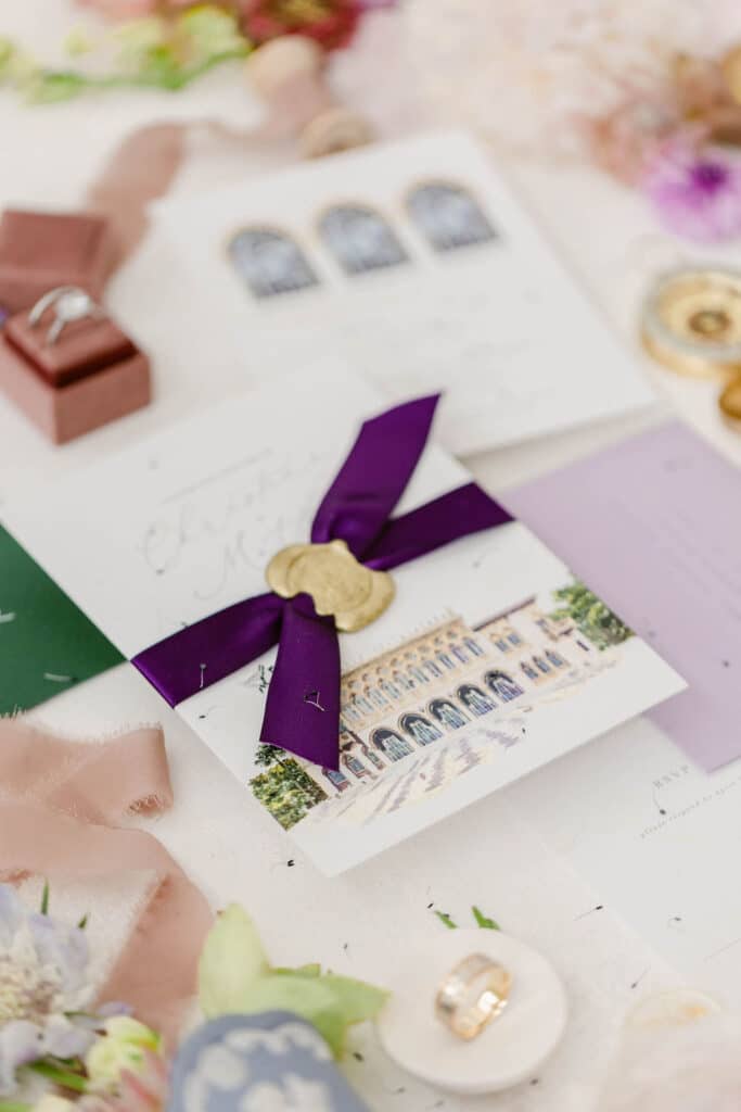 Close up of wedding invitation with a royal purple bow