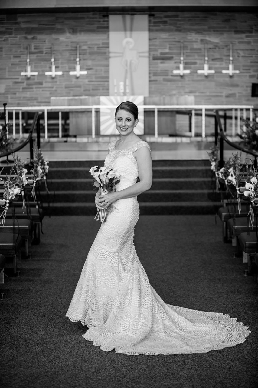 Black and white photo of beautiful bride