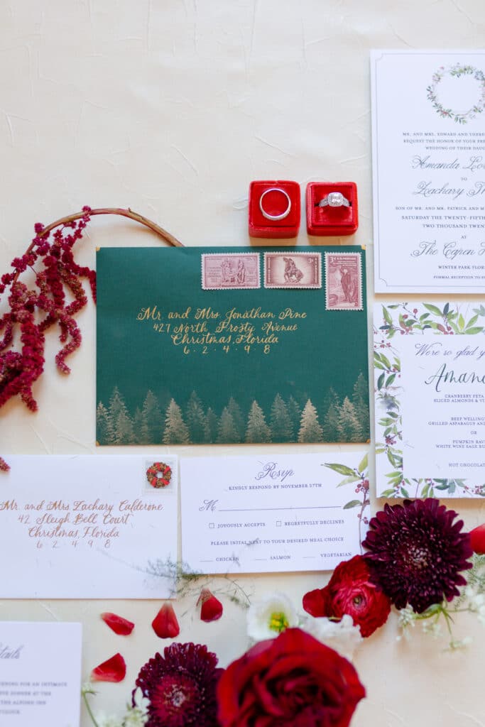 Christmas in July SS 100 - Christmas Themed Wedding Inspiration - Inspiration Shoot close up of the Christmas themed wedding inspiration green envelope with gold text and other parts of the invitation suite surrounding.