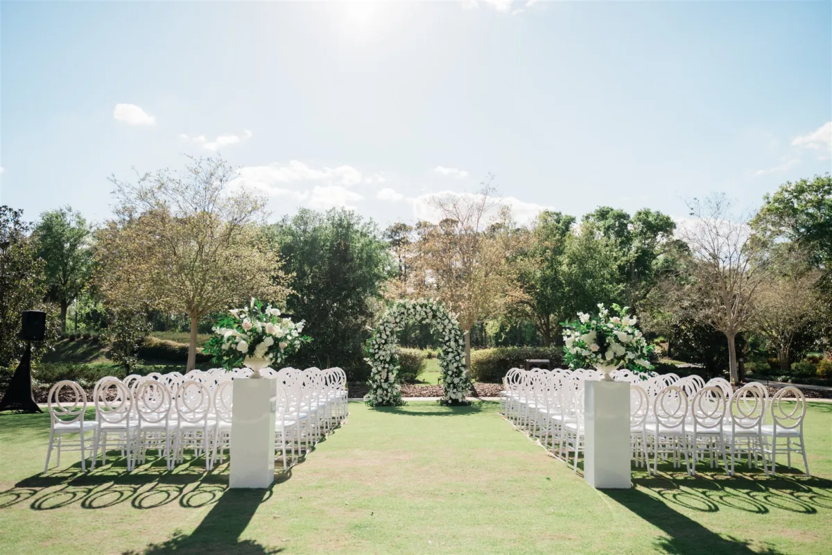 Outdoor wedding ceremony setup on King Meadow Lawn at Four Seasons Resort Orlando.