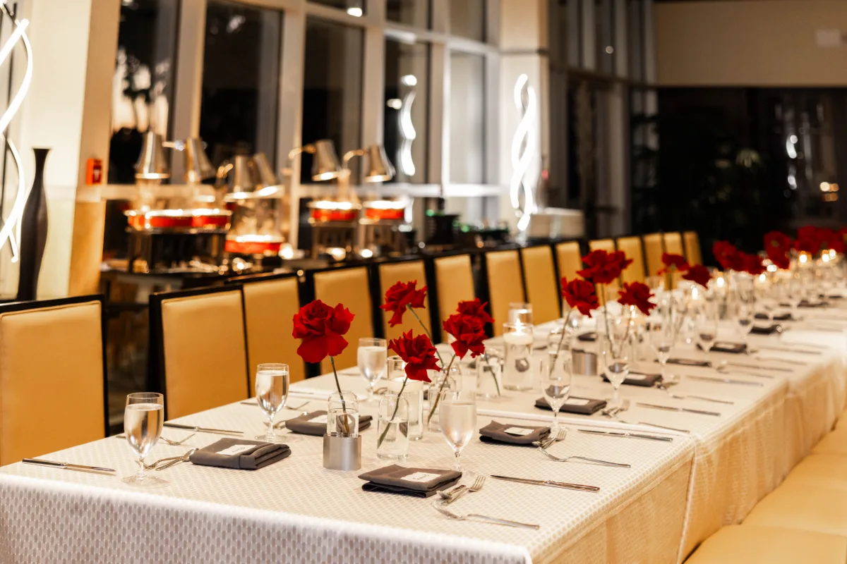 Reception tables arranged for a wedding welcome party at Waldorf Astoria Orlando.