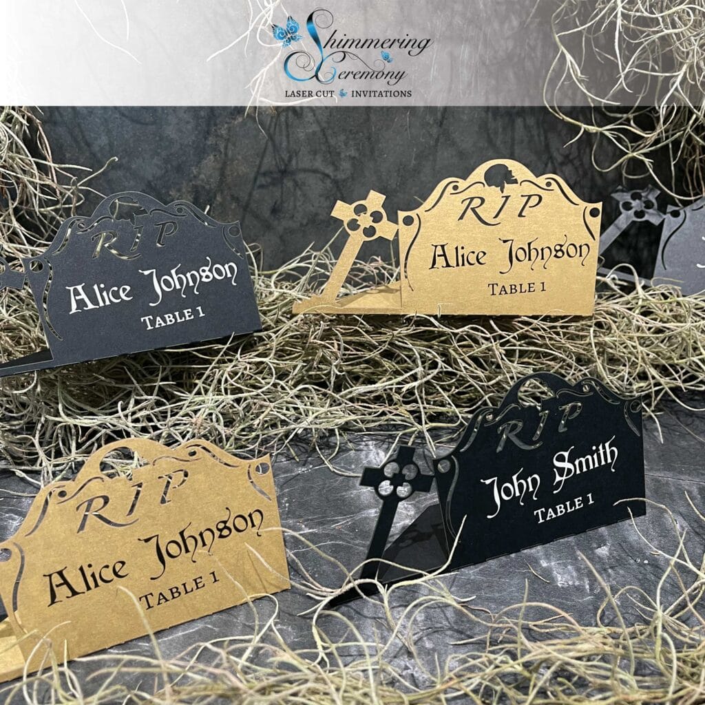 Nameplates in gold and black by Shimmering Ceremony