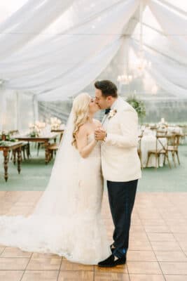 Bride and groom kissing for their first dance