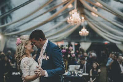 Bride and groom about to kiss during their first dance