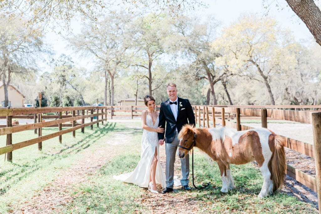 Bride and groom smiling while posing with a pony