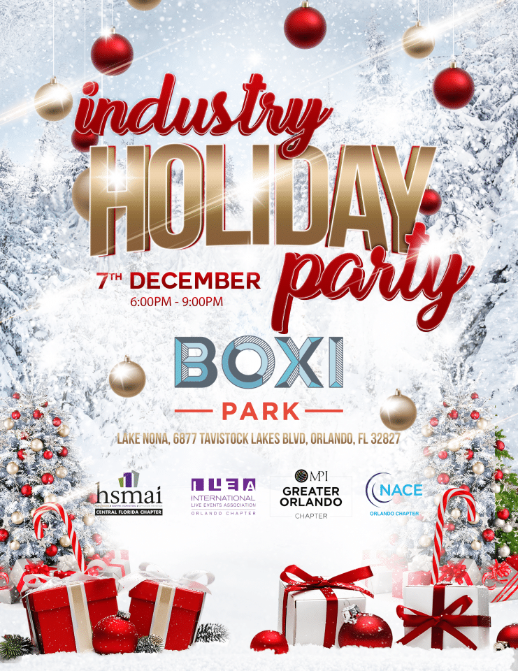Industry Holiday Party at Boxi Park flyer. There are presents, snow, Christmas trees, and ornaments surrounding the words.