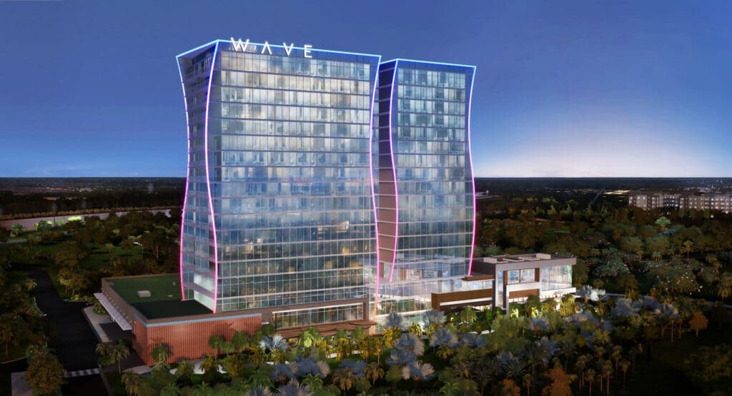 rendering of new curvy modern hotel with lights on edges in orlando florida