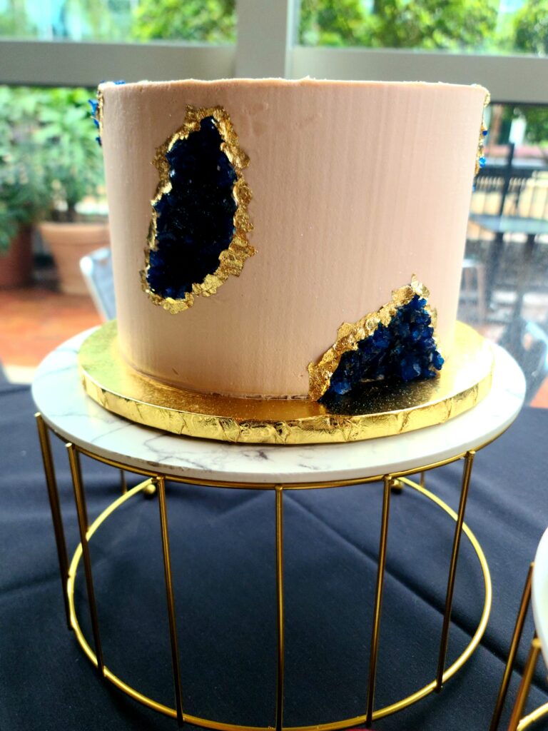 Wedding cake with blue geode by Butter Bliss Bakeshop
