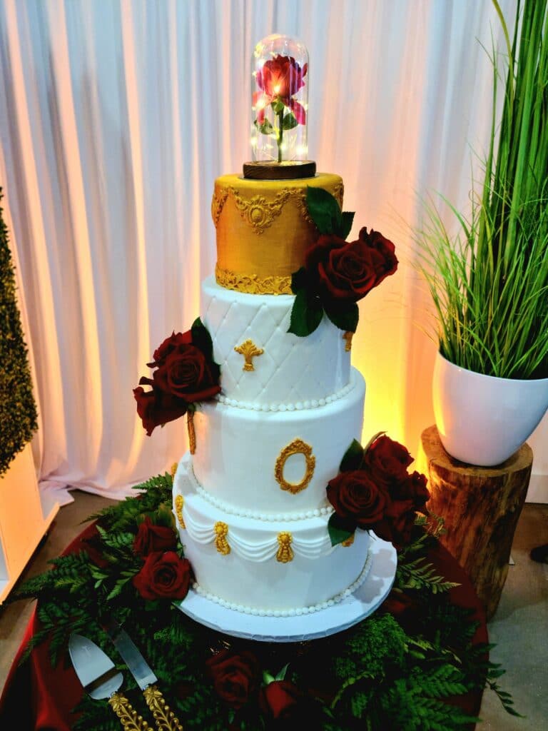 white and gold wedding cake by Butter Bliss Bakeshop