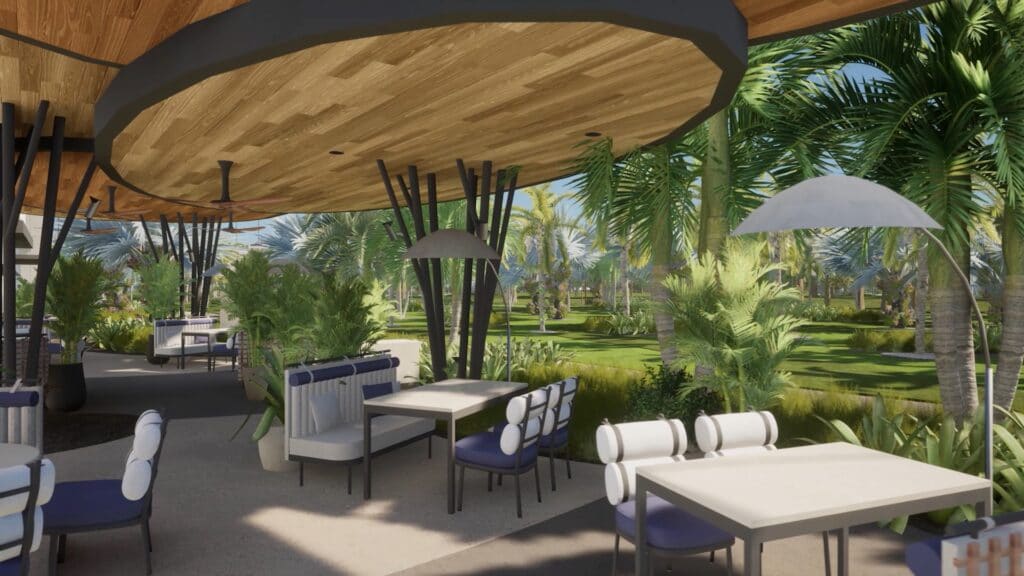 outdoor lounge area at lake nona wave hotel with modern wood ceiling and luxurious furniture