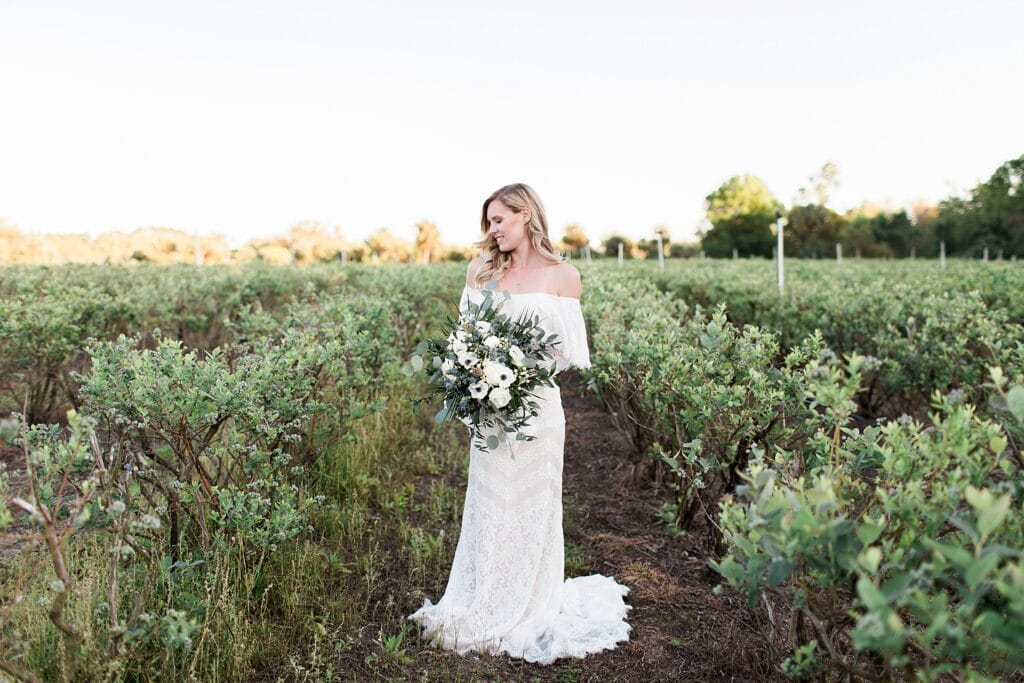 bride holding bouquet of white flowers in blueberry field