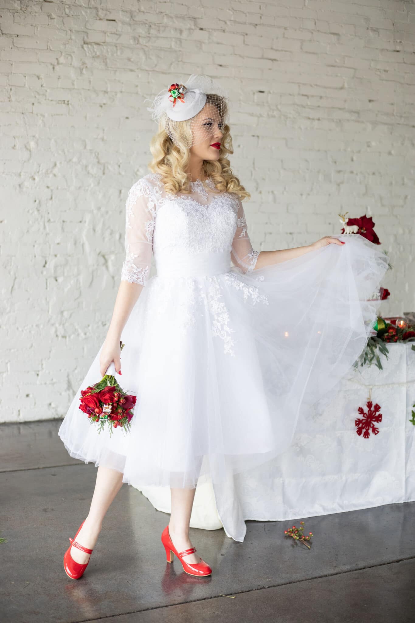 bride with red shoes and pop of color lip