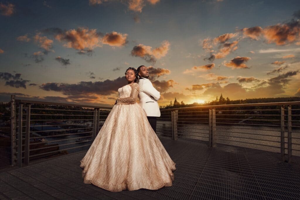 Sunset bride and groom photograph by Lazzat Photography