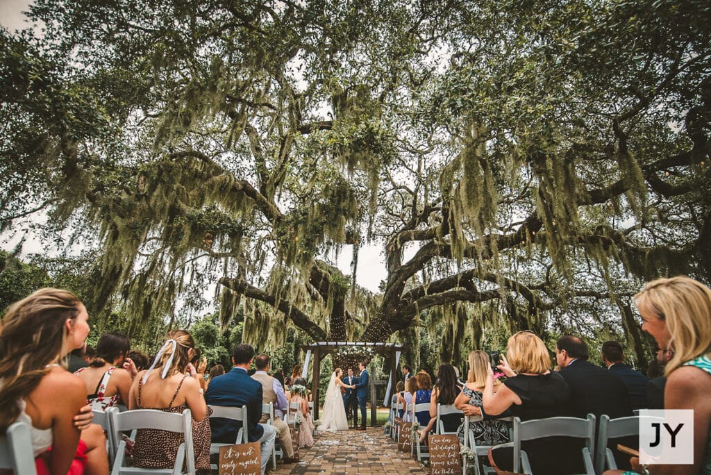 outdoor wedding at ever after farms under large oak trees with spanish moss