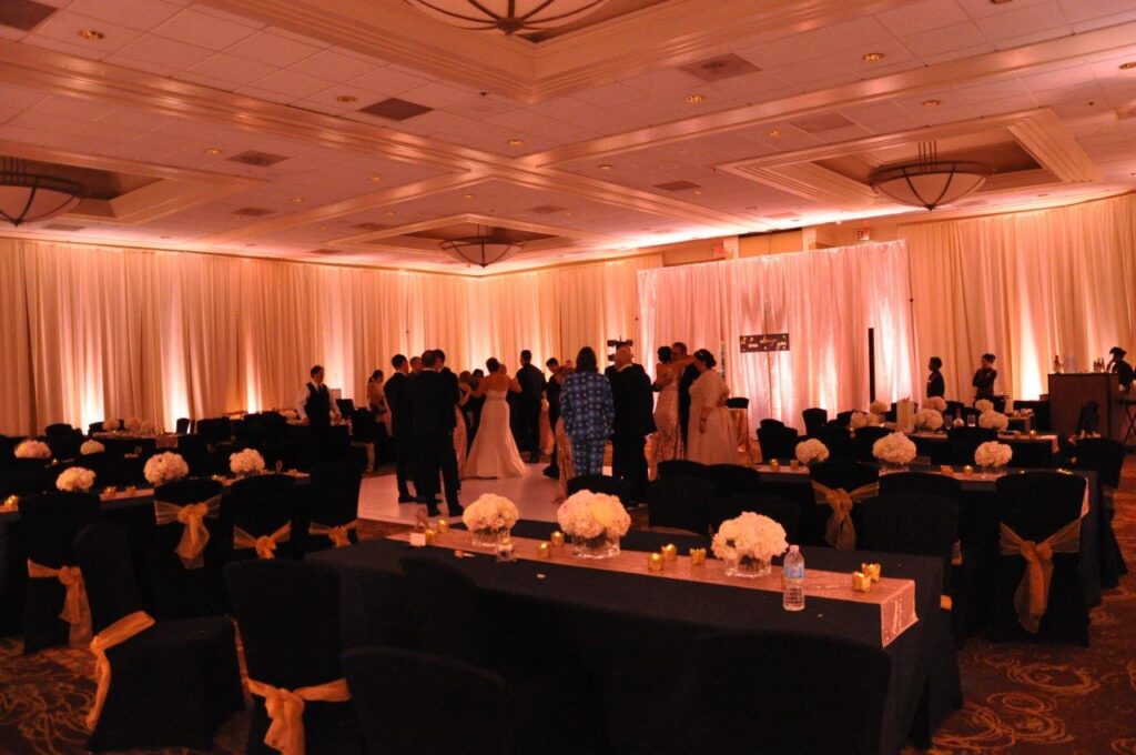 wedding reception room with draping by Junction 88 Productions