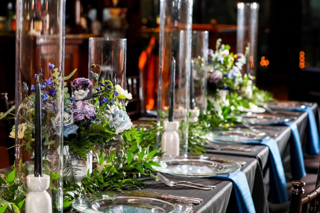 Silver and lavender table settings