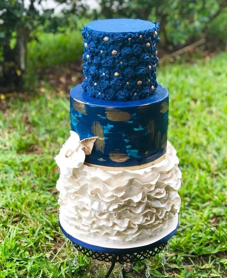 blue, gold and white embellished cake by I heart cakes by Yari