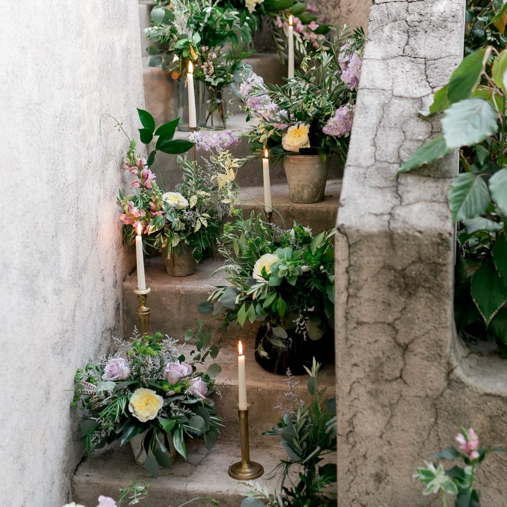 flowers and candles on stairway