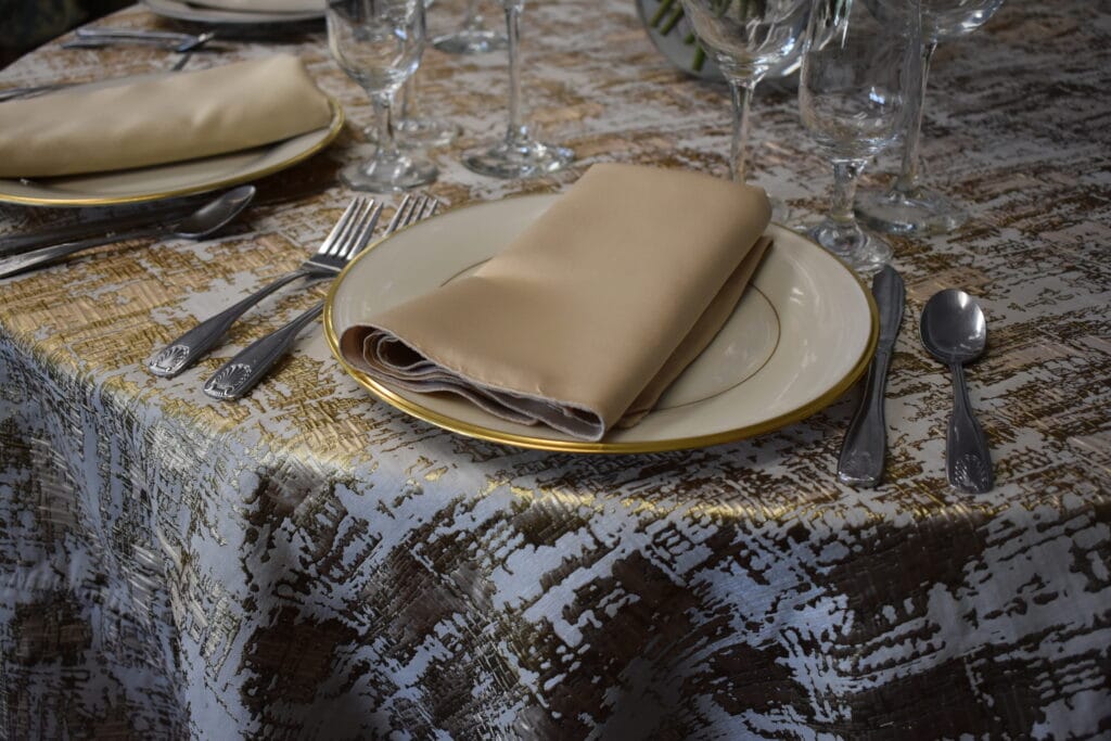 Bronze and silver table setting by Connie Duglin Linen