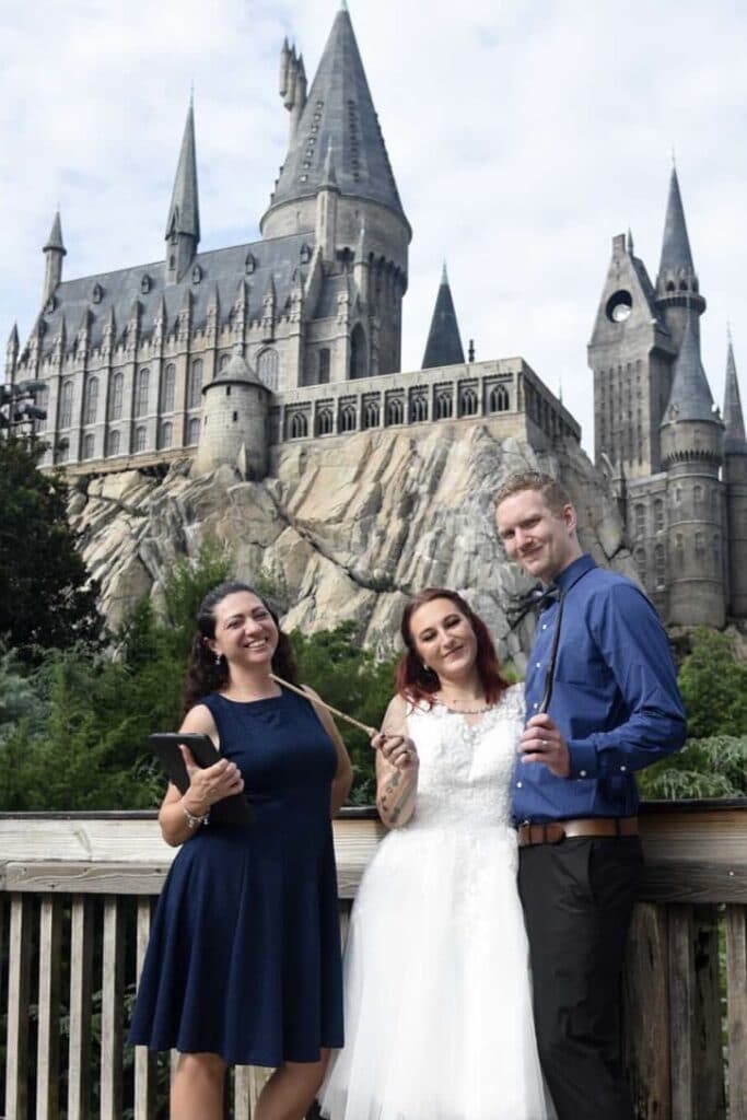 bride and groom at Hogwarts with officiant Chrissie from Ceremonies by Chrissie