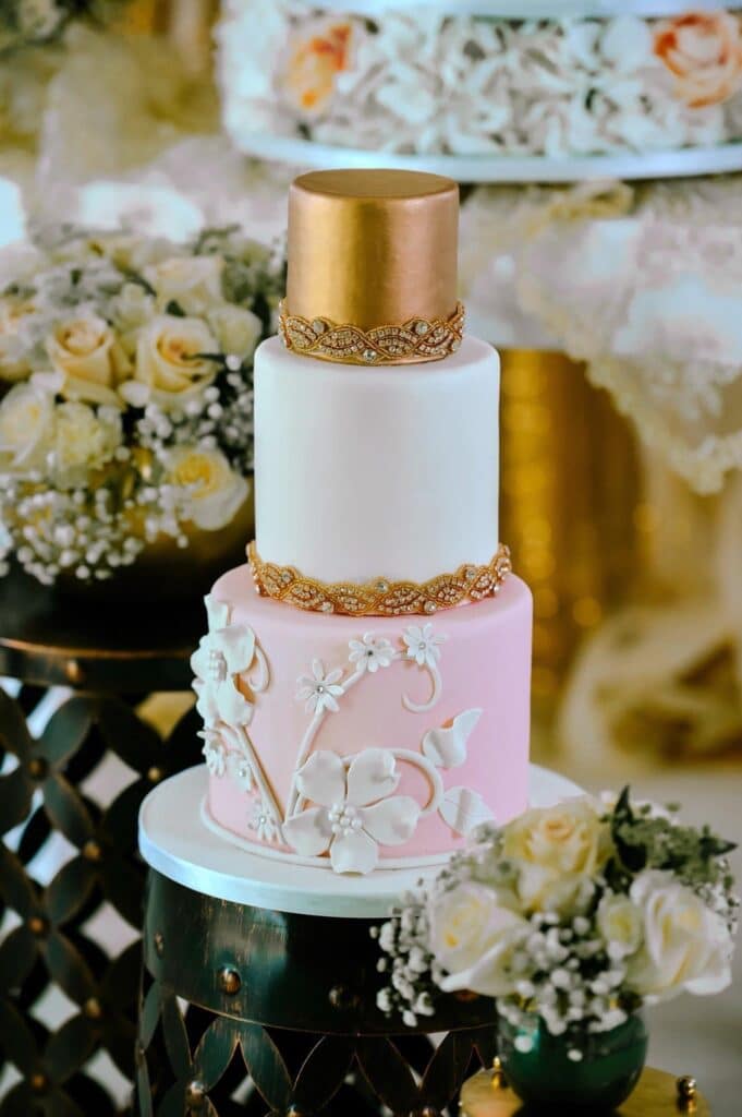 pink and gold wedding cake by I heart cakes by Yari