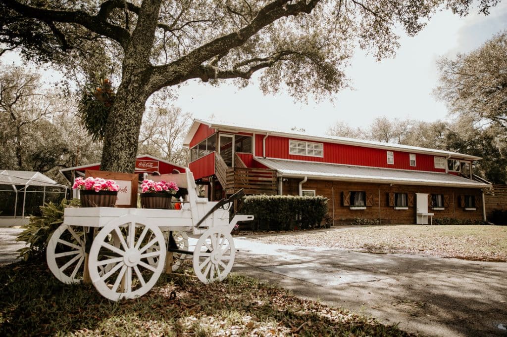 White wagon, red barn, Still Creek Farm, Central, FL