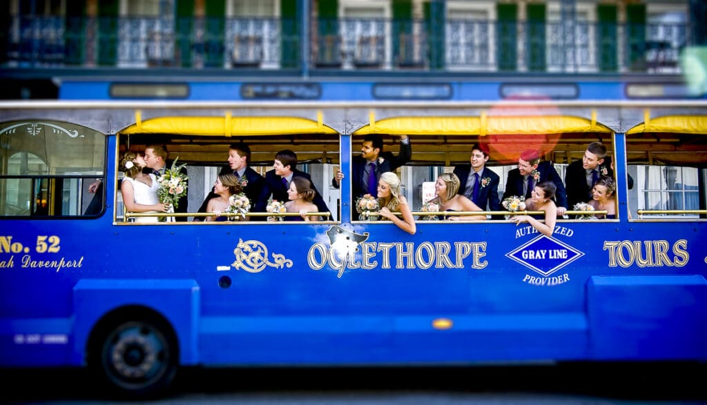 Oglethorpe bus with wedding party aboard photographed by Sterling Photography International