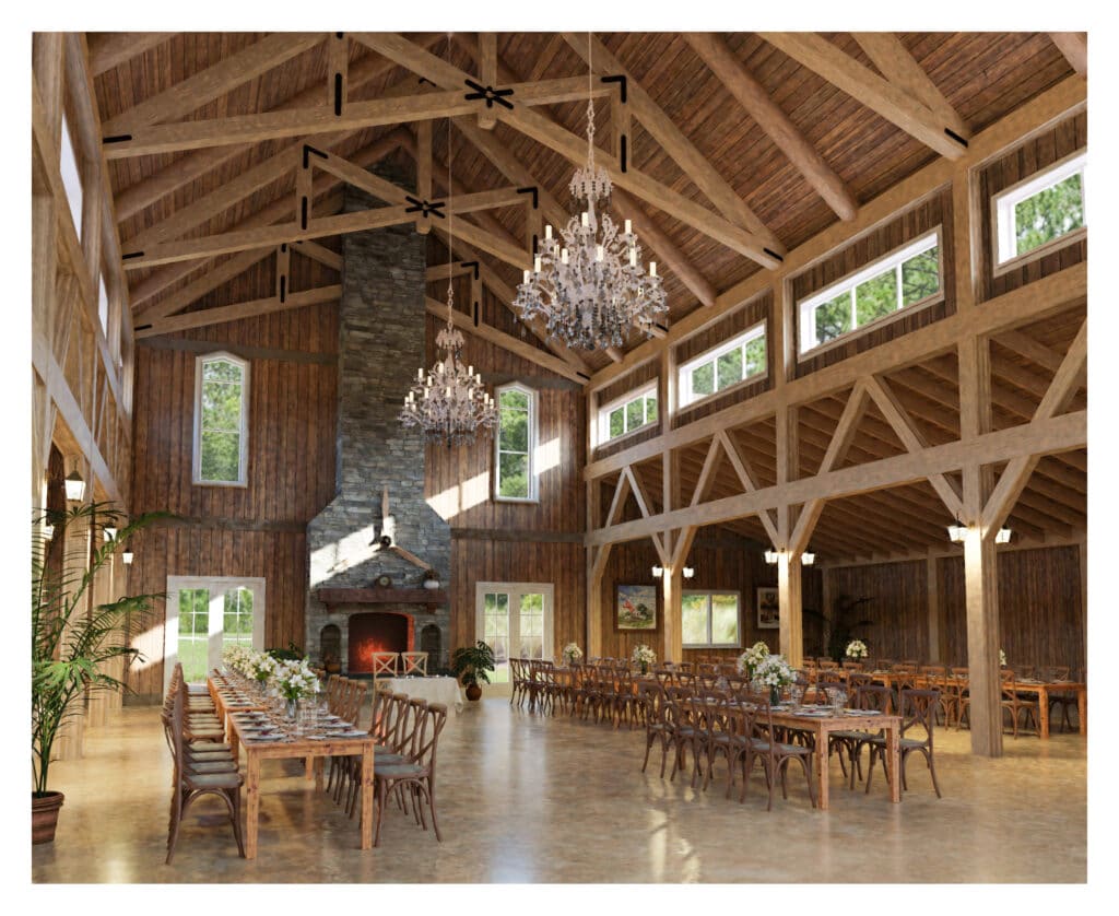 The Sugar Barn at Flying Osceola Ranch interior with rafters and chandeliers