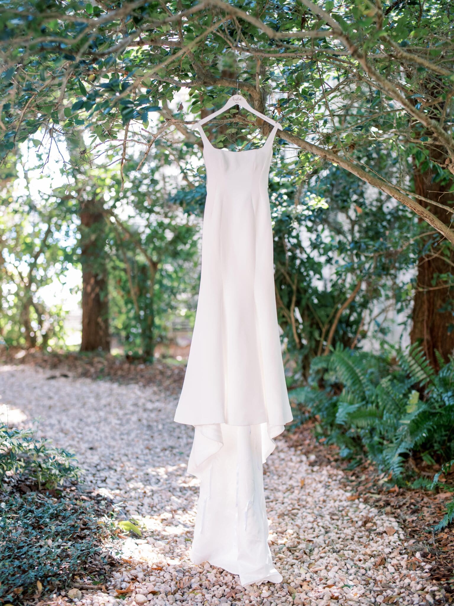 wedding gown hanging above wooded path which is one of the Items Brides need to Remember