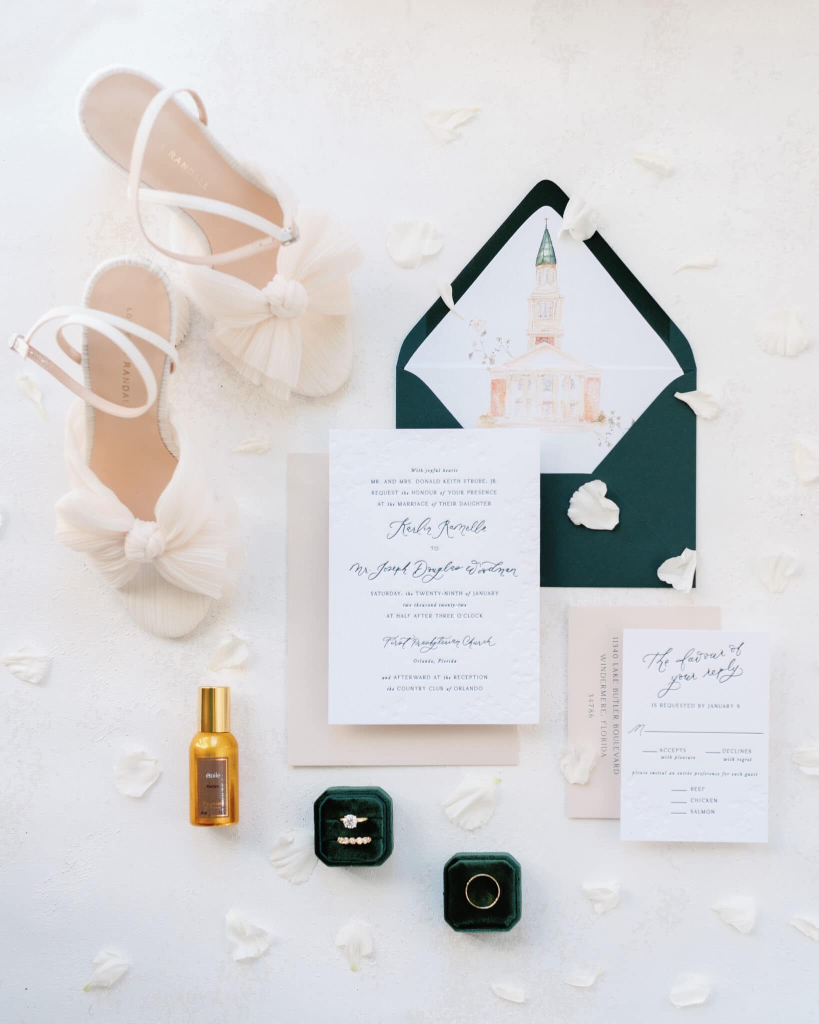 bride's shoes, perfume, wedding rings and invitations are items brides need to remember on her special day
