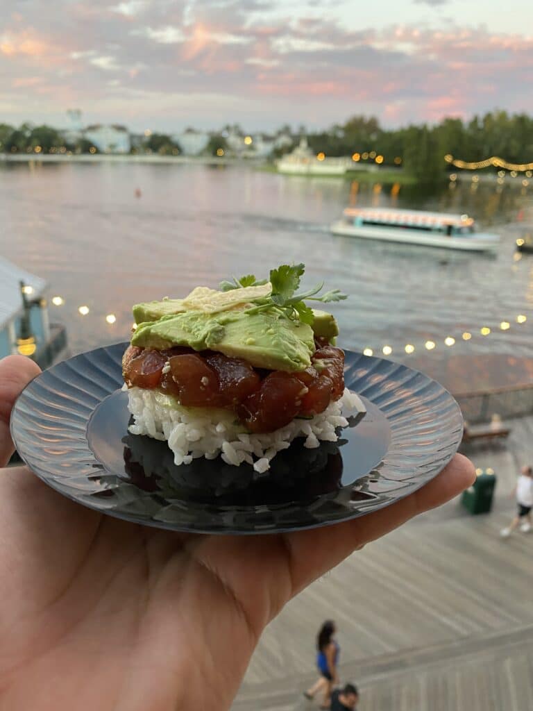 tiered plate appetizer with avocado topping with a river view by Confectionately Confections LLC