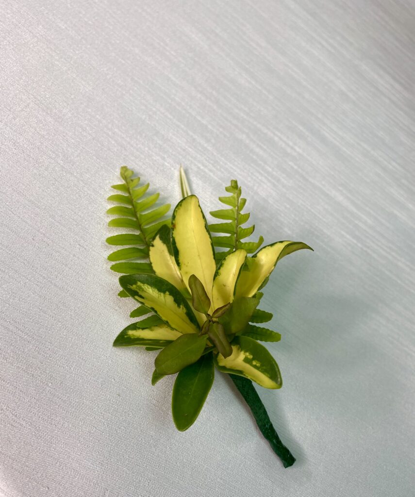 grooms boutonniere with yellow flower and fern by Stems in Bloom