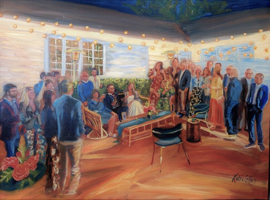 painting of a wedding reception in a courtyard by Katie Collins Paintings