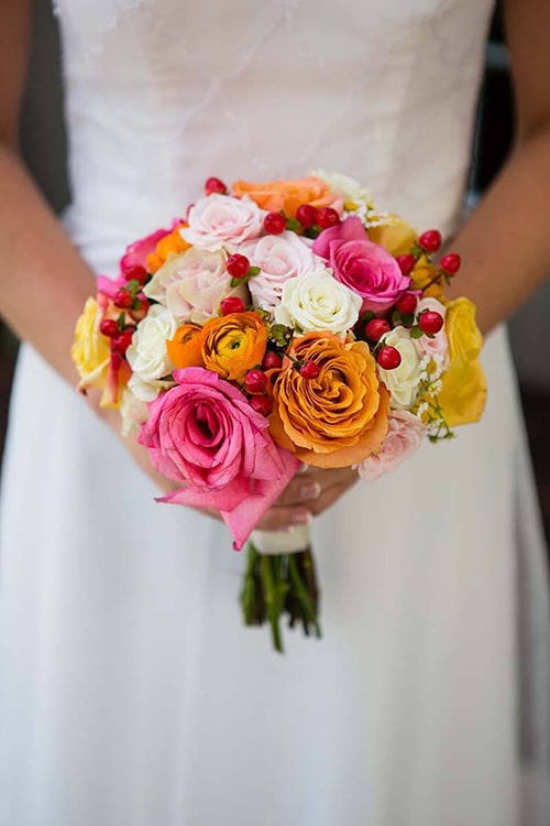 wedding bouquet of pink and orange by Leaf & Blossom Co