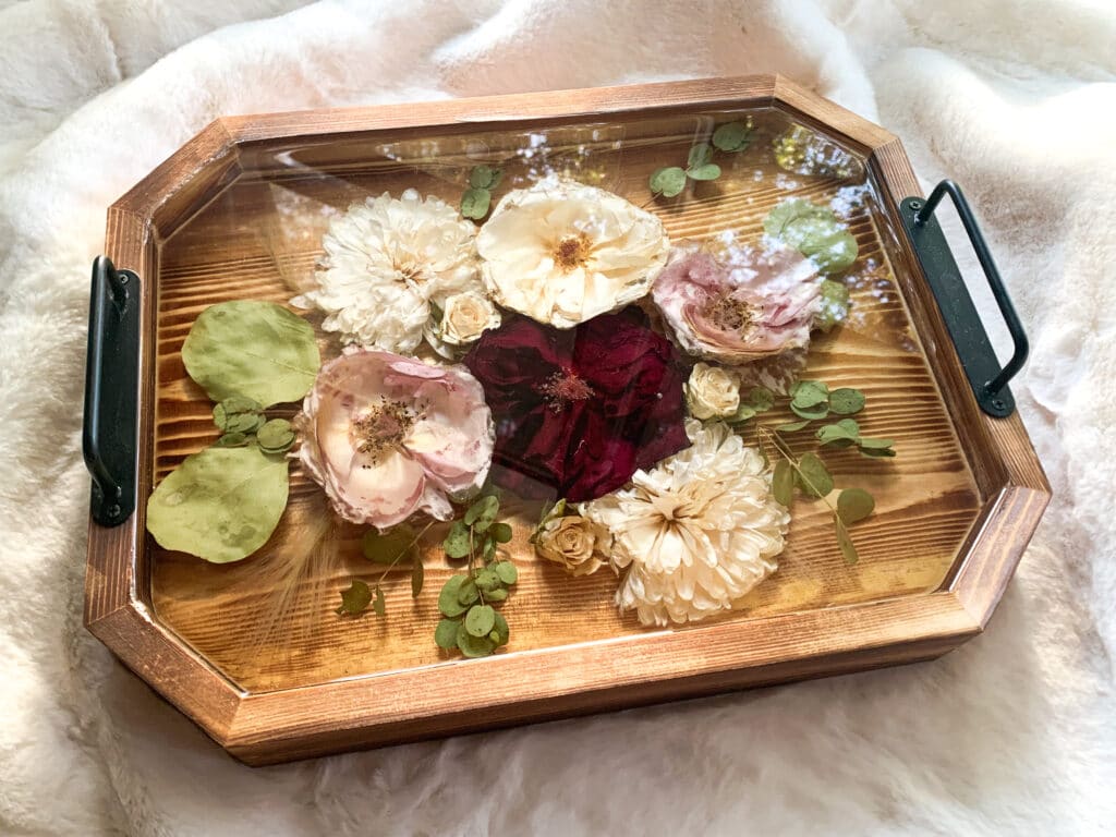 wooden tray with wedding bouquet preserved inside by Bloom Blox