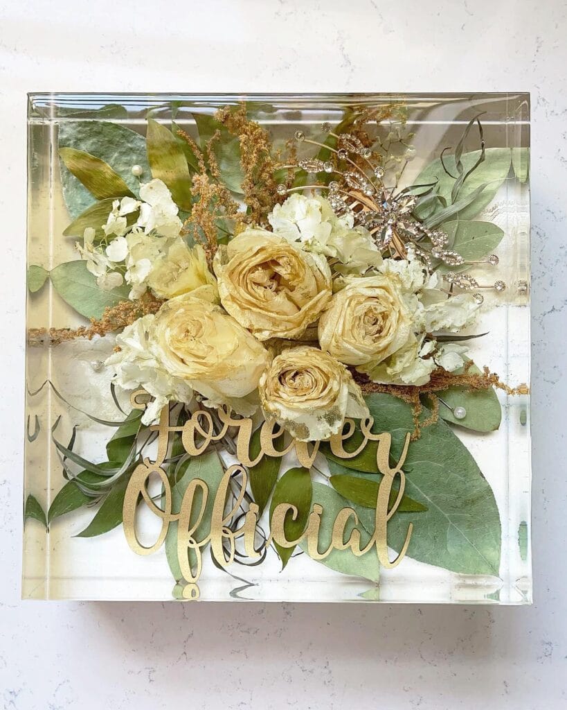 wedding bouquet preserved in resin by Bloom Blox