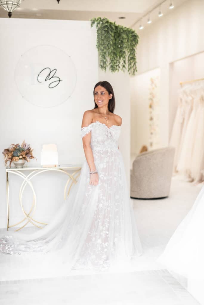 off the shoulder wedding gown at Enchanted Bride