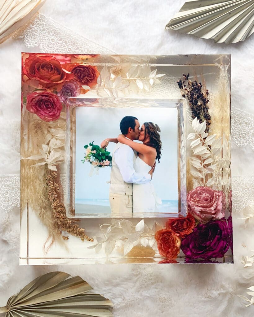 wedding photo in resin frame with preserved wedding bouquet by Bloom Blox