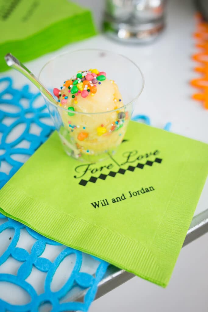signature wedding dessert with sprinkles on a lime green napkin by Frost 321